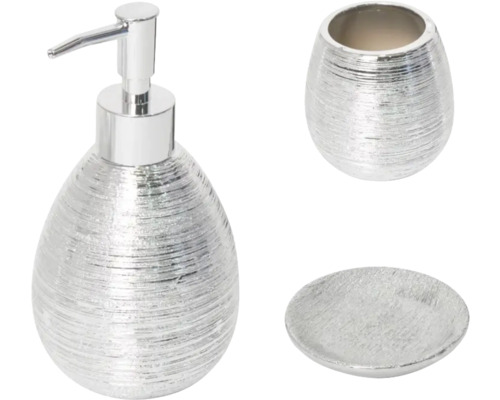 Set dozator săpun lichid, săpunieră și pahar ceramică argintiu