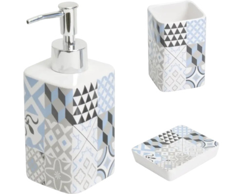 Set dozator săpun lichid, săpunieră și pahar Carreaux ceramică albastru-gri Set de baie ceramic cu dozator de săpun, suport pentru periuțe de dinți și savonieră