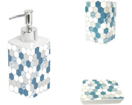Set dozator săpun lichid, săpunieră și pahar Mosaique ceramică turcoaz-gri Set de baie din ceramică cu dozator de săpun, pahar și săpunieră