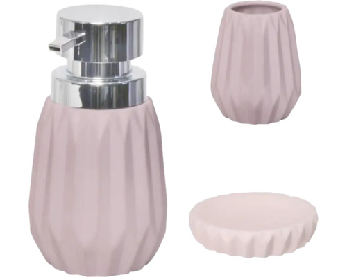 Set dozator săpun lichid, săpunieră și pahar Relief ceramică roz