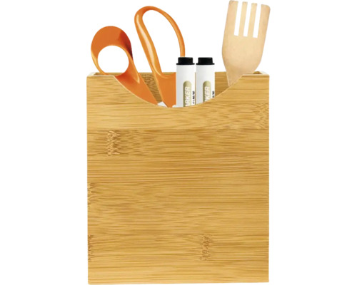 Organizator din bambus cu foarfecă, markere și furculiță din lemn