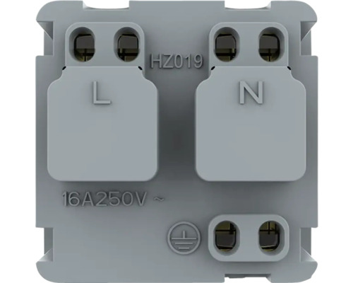 Spatele unei prize electrice cu marcajele L, N și simbolul de împământare