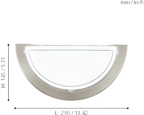 Desen tehnic al unei lămpi de perete cu dimensiunile înălțime 145 milimetri și lungime 290 milimetri.