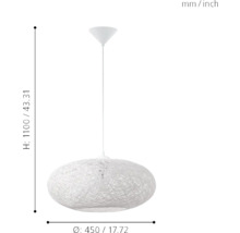Lumină suspendată albă cu diametrul de 450 mm și înălțimea de 1100 mm.