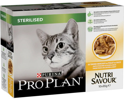 Hrană umedă pentru pisici PURINA Pro Plan Adult Sterilised cu pui în sos 10x85 g Purina Pro Plan Nutri Savour hrană pentru pisici sterilizate, 10 bucăți x 85 grame