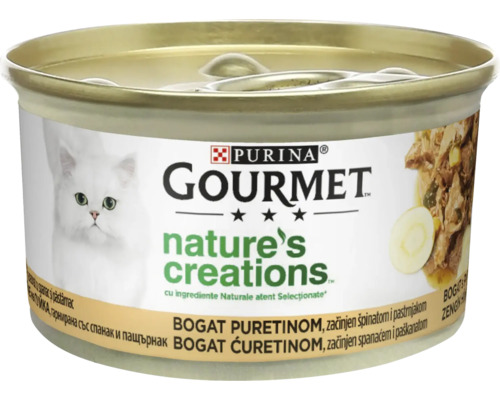 Hrană umedă pentru pisici PURINA Gourmet Nature's Creations cu Curcan, păstârnac și spanac 85 g