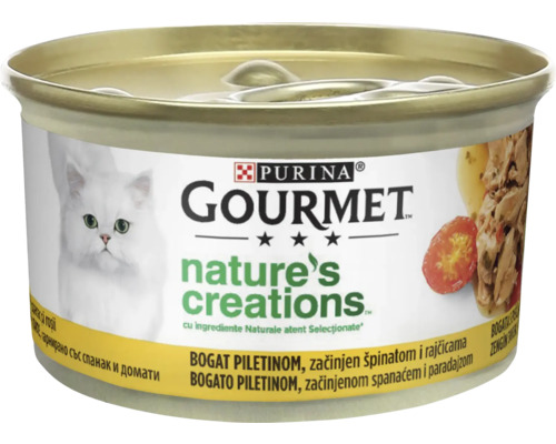 Hrană umedă pentru pisici PURINA Gourmet Nature’s Creation cu pui, spanac și rosii 85 g