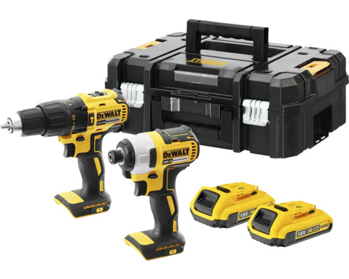 Set mașină de găurit și înșurubat cu percuție DeWalt DCD778 18V și mașină de înșurubat cu impact DeWalt DCF787 18V, incl. 2x2Ah acumulatori, încărcător și cutie de transport