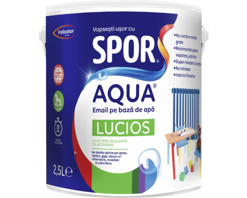 Email lucios pe bază de apă Spor Aqua alb 2,5 l Găleată cu vopsea Spor Aqua email pe bază de apă, cu un conținut de 2,5 litri
