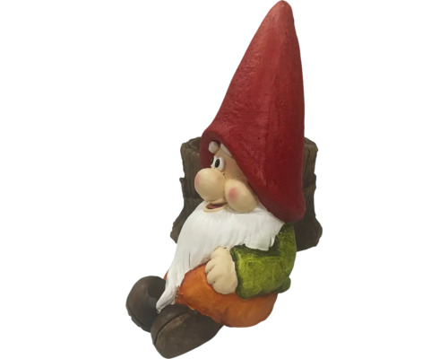 Figurină decorativă pitic de grădină cu buturugă de copac ca jardiniere