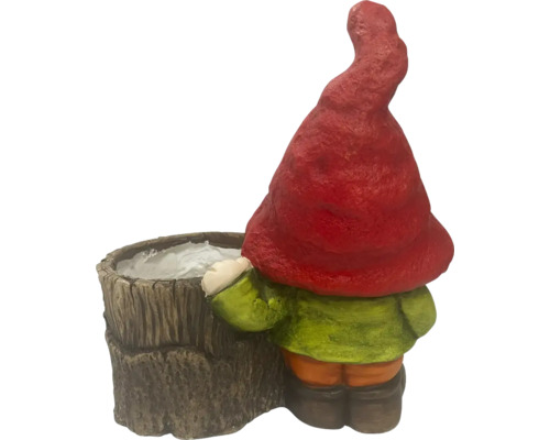 Gnom de grădină cu jardinieră, vedere din spate