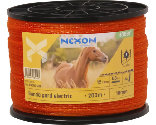 Bandă electrică portocalie pentru garduri pe o bobină cu informații despre produs.