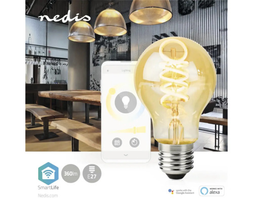 Bec inteligent cu soclu E27 și 360 lumeni în fața unui spațiu de locuit