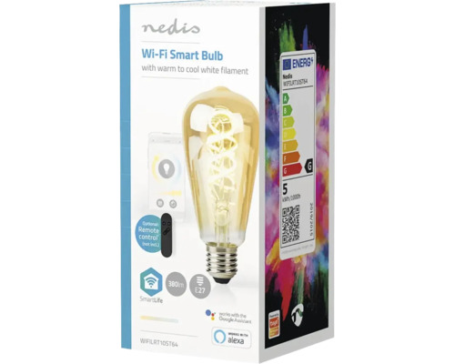 Ambalajul unui bec inteligent Wi-Fi Nedis cu filament alb cald până la rece