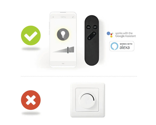Control inteligent al iluminatului cu smartphone, telecomandă, Google Assistant și Alexa în comparație cu dimmerul rotativ