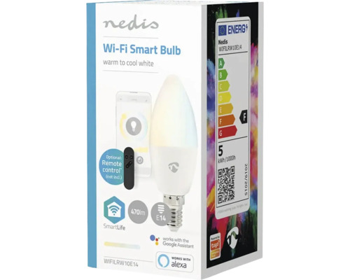 Ambalajul unui bec inteligent Wi-Fi Nedis cu soclu E14