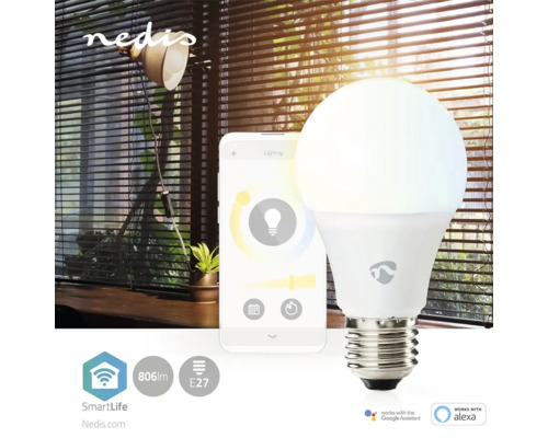 Bec inteligent E27 LED cu 806 lumeni lângă un smartphone