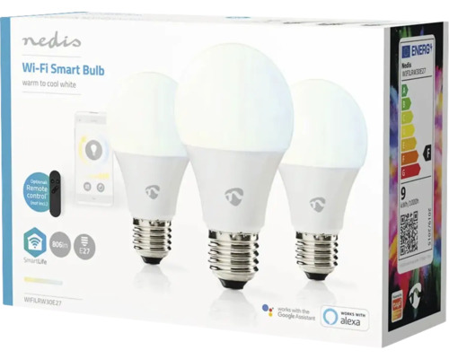 Pachet cu trei becuri inteligente Wi-Fi marca Nedis cu soclu E27