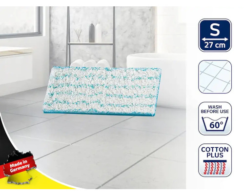 Husă mop cu dimensiunile de 27 centimetri, potrivită pentru pardoseli din gresie. Spălați la 60 de grade înainte de utilizare. Bumbac Plus. Fabricat în Germania.