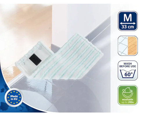 Mop cu dimensiunile mediu, 33 de centimetri. Lavabil până la 60 de grade. Potrivit pentru diferite tipuri de podele. Lavabil de până la 200 de ori. Fabricat în UE.