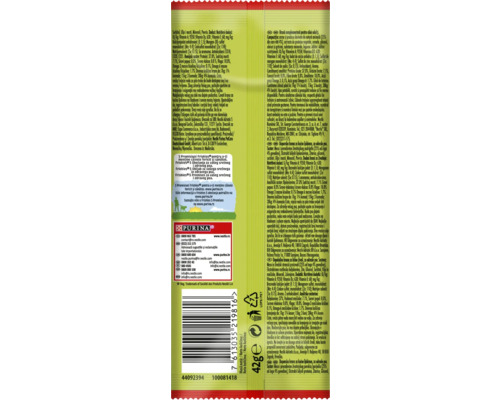 Spatele ambalajului cu gustări pentru pisici, cu lista de ingrediente și informații despre producător