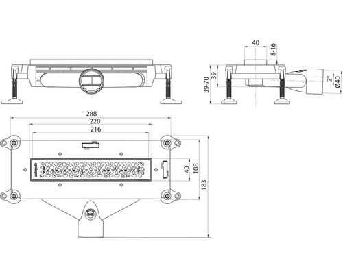 Desen tehnic al unui canal de duș cu dimensiuni