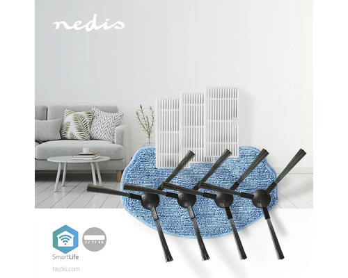 Piese de schimb pentru un aspirator robot: filtre, perii și o cârpă de curățare.