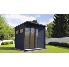 Cabină de grădină modernă cu acoperiș plat, fereastră și ușă pe gazon