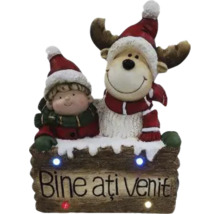 Figurină decorativă băiat și ren cu mesaj de bun venit și iluminare