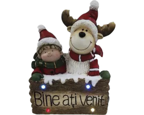 Figurină decorativă băiat și ren cu mesaj de bun venit și iluminare