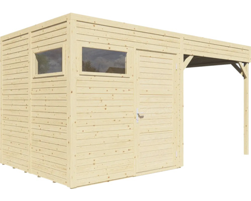 Cabină de grădină din lemn cu fereastră, ușă și anexă