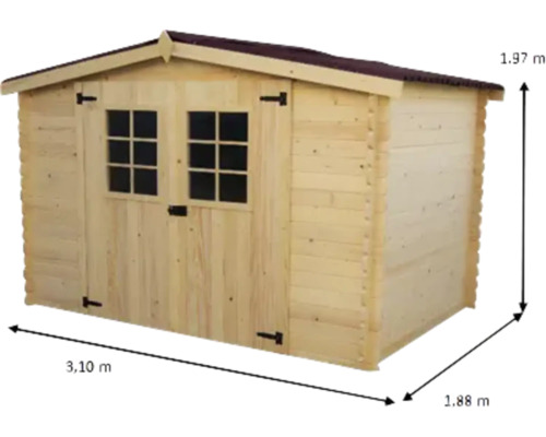 Cabină de grădină din lemn cu ușă și ferestre și dimensiunile de 3,10 metri lățime, 1,88 metri adâncime și 1,97 metri înălțime.