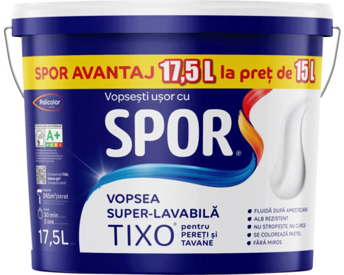 Vopsea lavabilă pentru interior Spor Tixo albă 17,5 l Vopsea lavabilă pentru interior Spor Tixo albă 17,5 l