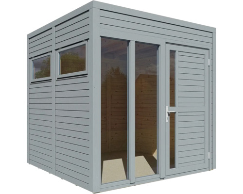 Cabină de grădină gri cu ferestre și ușă