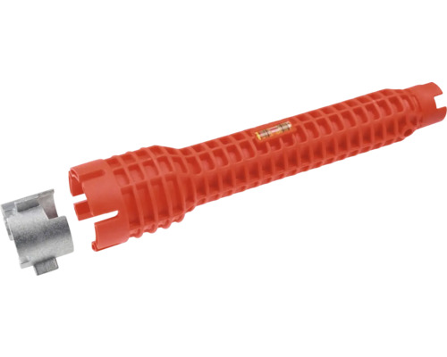 O cheie multifuncțională pentru robinete cu nivelă și un atașament metalic.