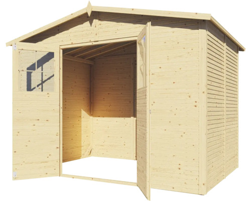 Cabină de grădină deschisă din lemn cu ușă dublă și ferestre