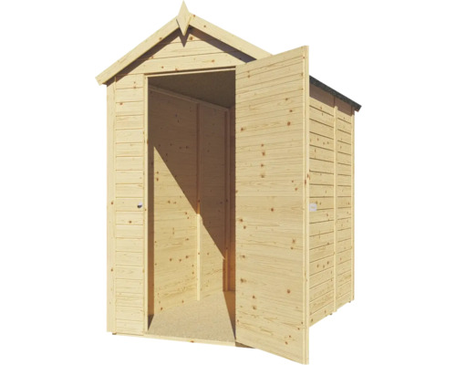 Cabină de grădină din lemn cu uși duble deschise.