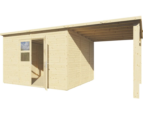 Căsuță de grădină din lemn cu marchiză și ușă dublă deschisă.