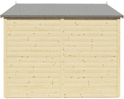 Vedere din spate a unei căsuțe de grădină din lemn cu carton bituminat