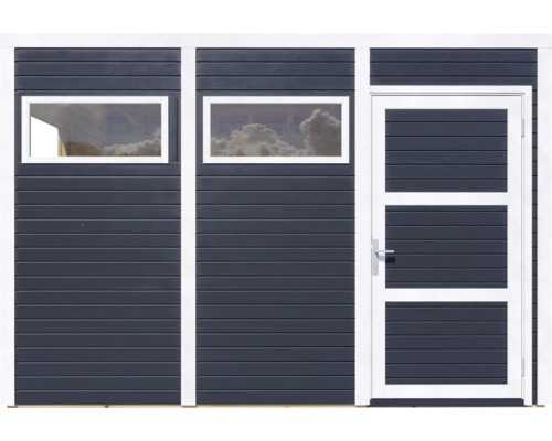 Fațada unei cabane de grădină cu ferestre și ușă