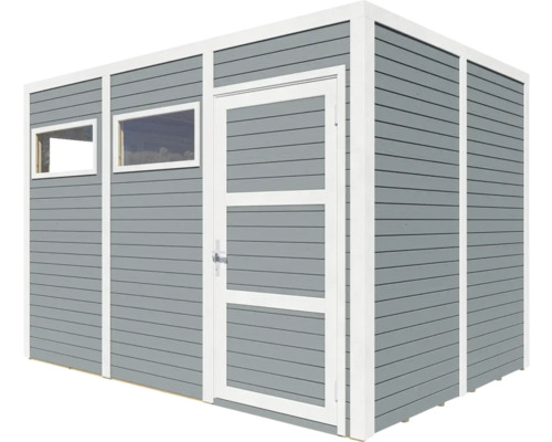 Cabină de grădină gri cu ferestre și ușă