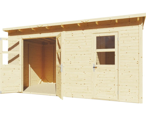 Cabină de grădină din lemn cu ușă dublă deschisă și o ușă cu fereastră