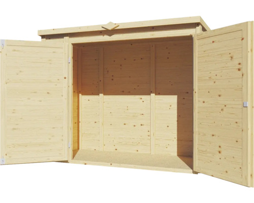 Șopron de scule deschis din lemn cu ușă dublă.