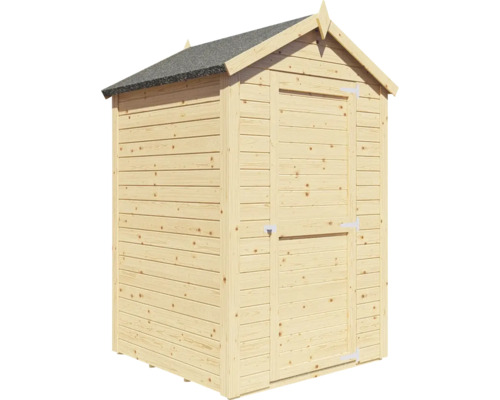 Cabină de grădină din lemn cu acoperiș ascuțit și o ușă