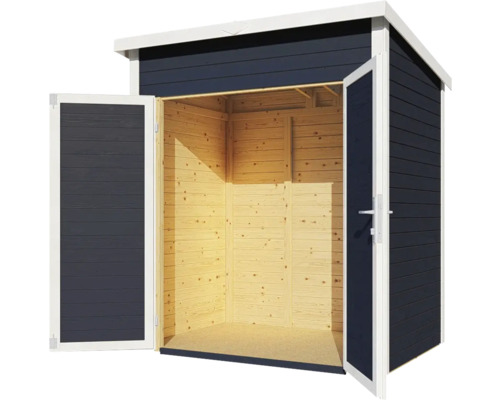 Căsuță de grădină cu uși duble deschise, construcție din lemn