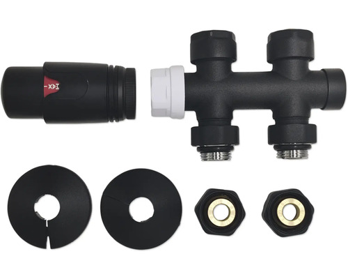 Set robineți drepți termostatați pentru radiatoare tip H ROTHEIGNER 1/2" negru Set racord radiator cu termostat, corp ventil, rozete și fitinguri