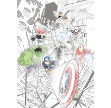 Ilustrație cu supereroii Avengers pe fundalul unui oraș.