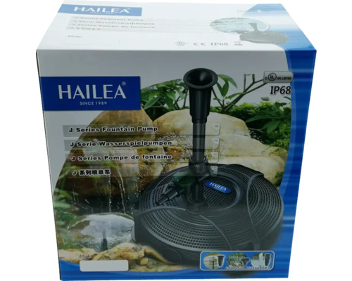 Logo Hailea. Ambalajul unei pompe de apă Hailea seria J cu marcaj CE și grad de protecție IP68.