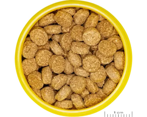 Granule hrană pește în recipient galben