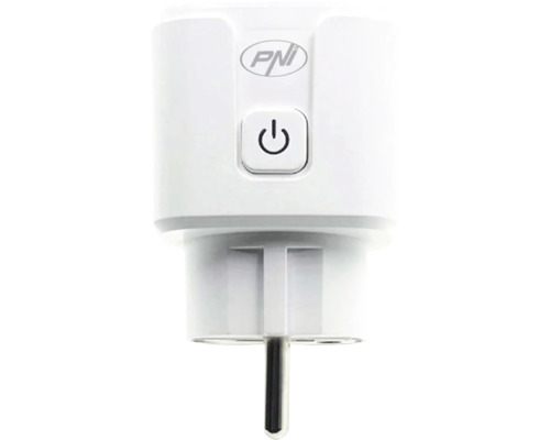 Adaptor inteligent de priză alb cu comutator pornit/oprit și sigla PNI